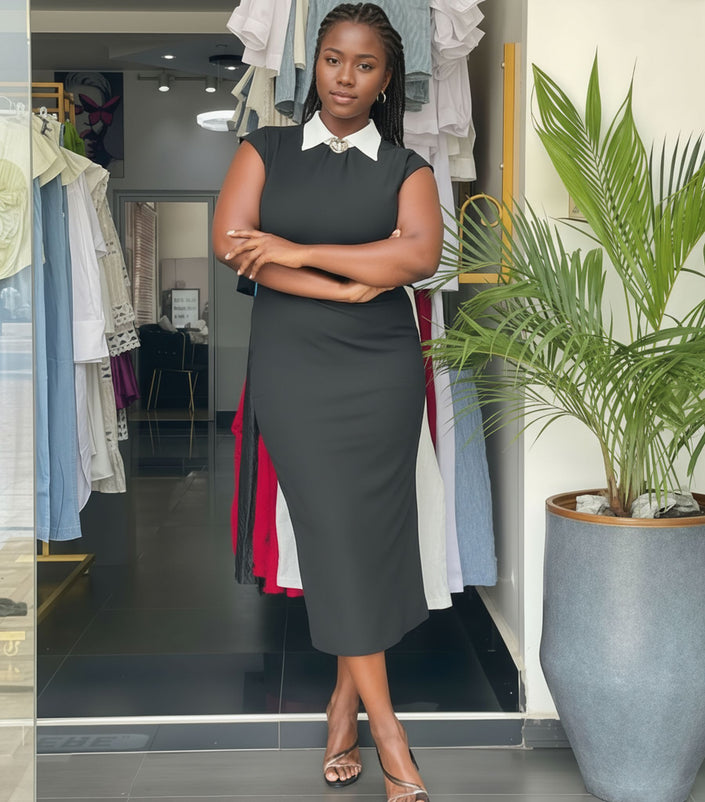 Dark midi dress with white contrast collar and cap sleeves
