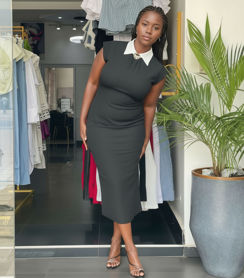 Cap Sleeve Midi Dress with Contrast Collar and Fitted Silhouette