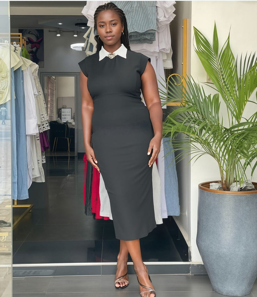 Cap Sleeve Midi Dress with Contrast Collar and Fitted Silhouette