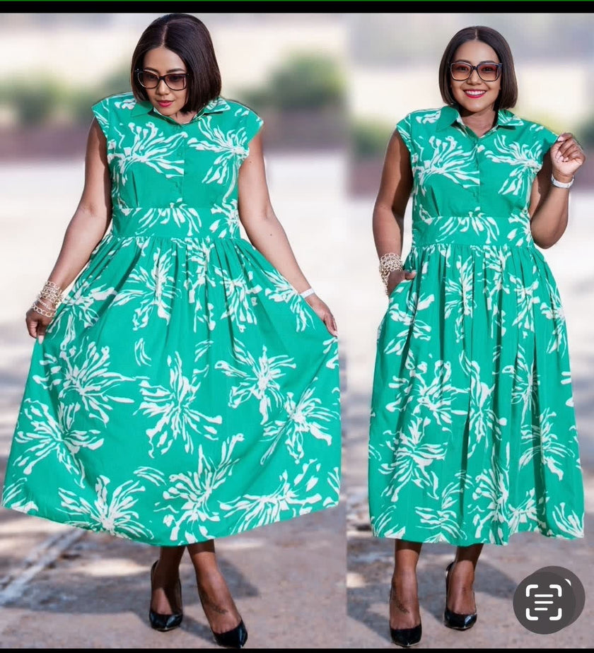 Floral Print Flared Midi Dress with Fitted Bodice