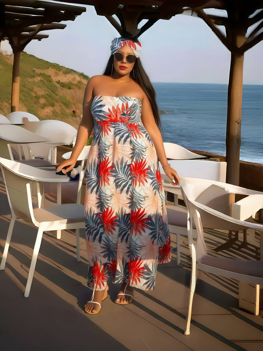 Strapless Tropical Leaf Print Maxi Dress