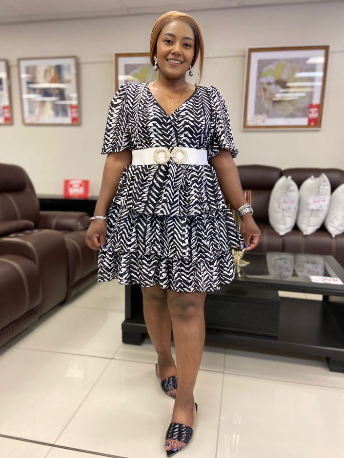 Zebra print puff sleeve dress with V-neck and white button belt at waist