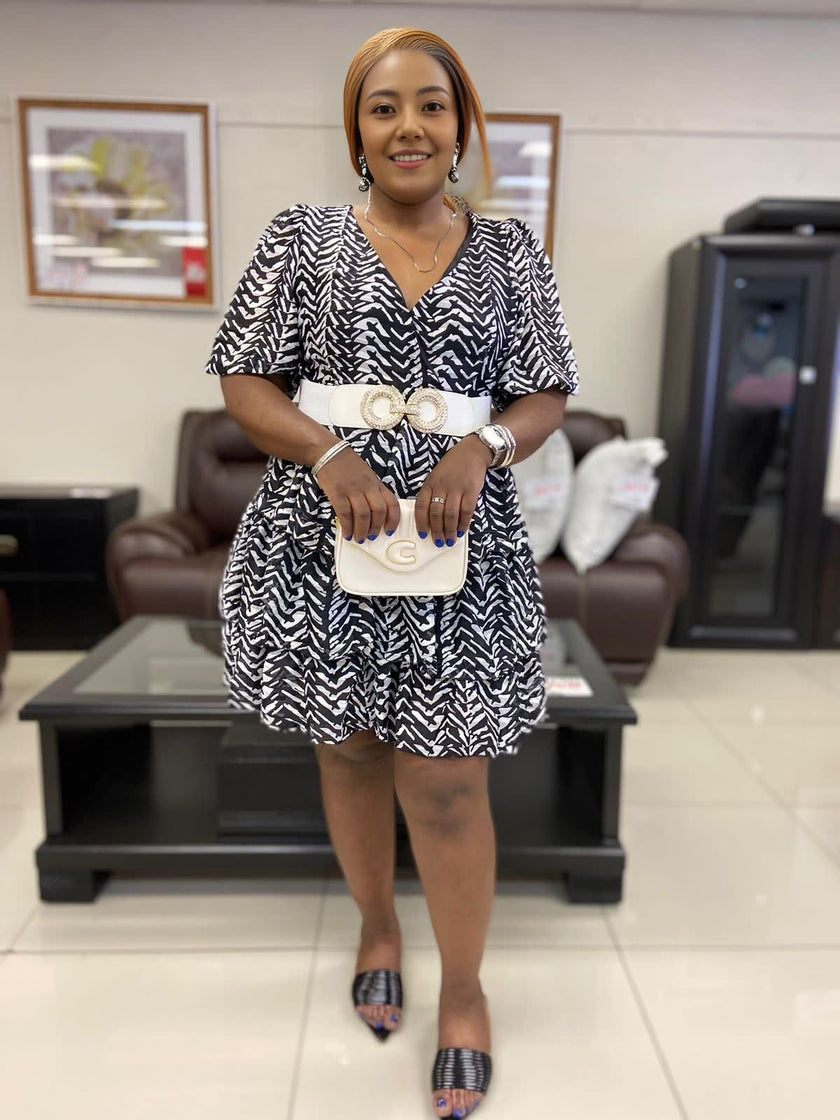 V-Neck Zebra Stripe Pattern Knee-Length Dress Without Belt