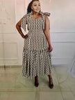 Wave-print ruffle midi dress with bow shoulder straps, sleeveless square neckline