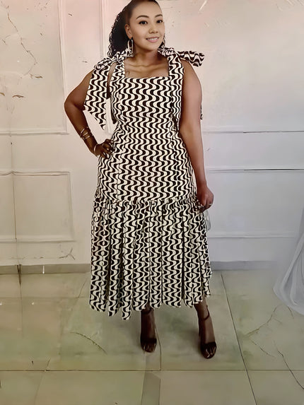 Wave-print ruffle midi dress with bow shoulder straps, sleeveless square neckline