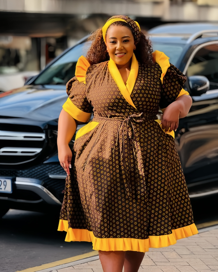 Brown polka dot ruffle dress with yellow collar and sleeves, fitted waist tie.