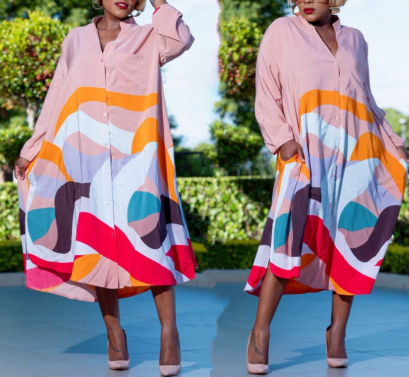 Abstract Art-Inspired Button-Up Shirt Dress with Long Sleeves
