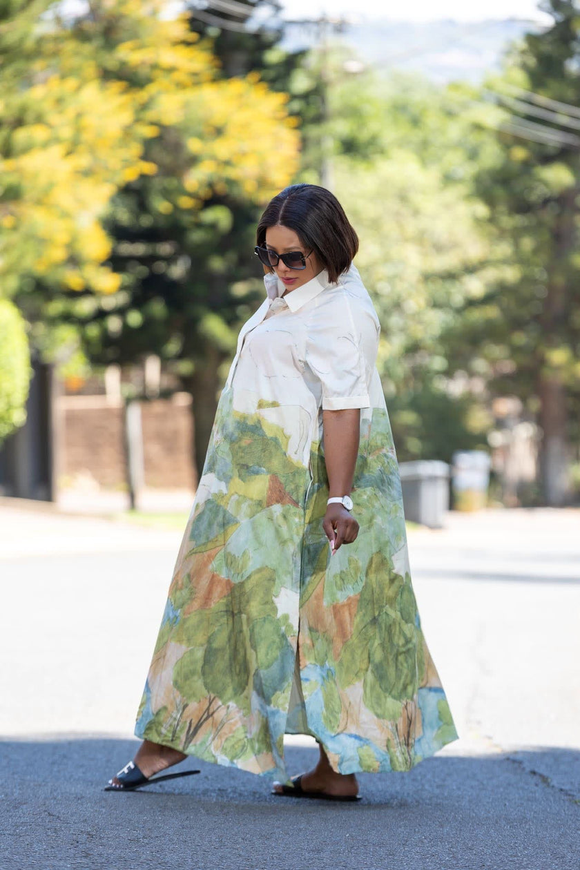 Ethnic Style Long Sleeve Dress, Abstract Natural Landscape Pattern, Loose Casual Design