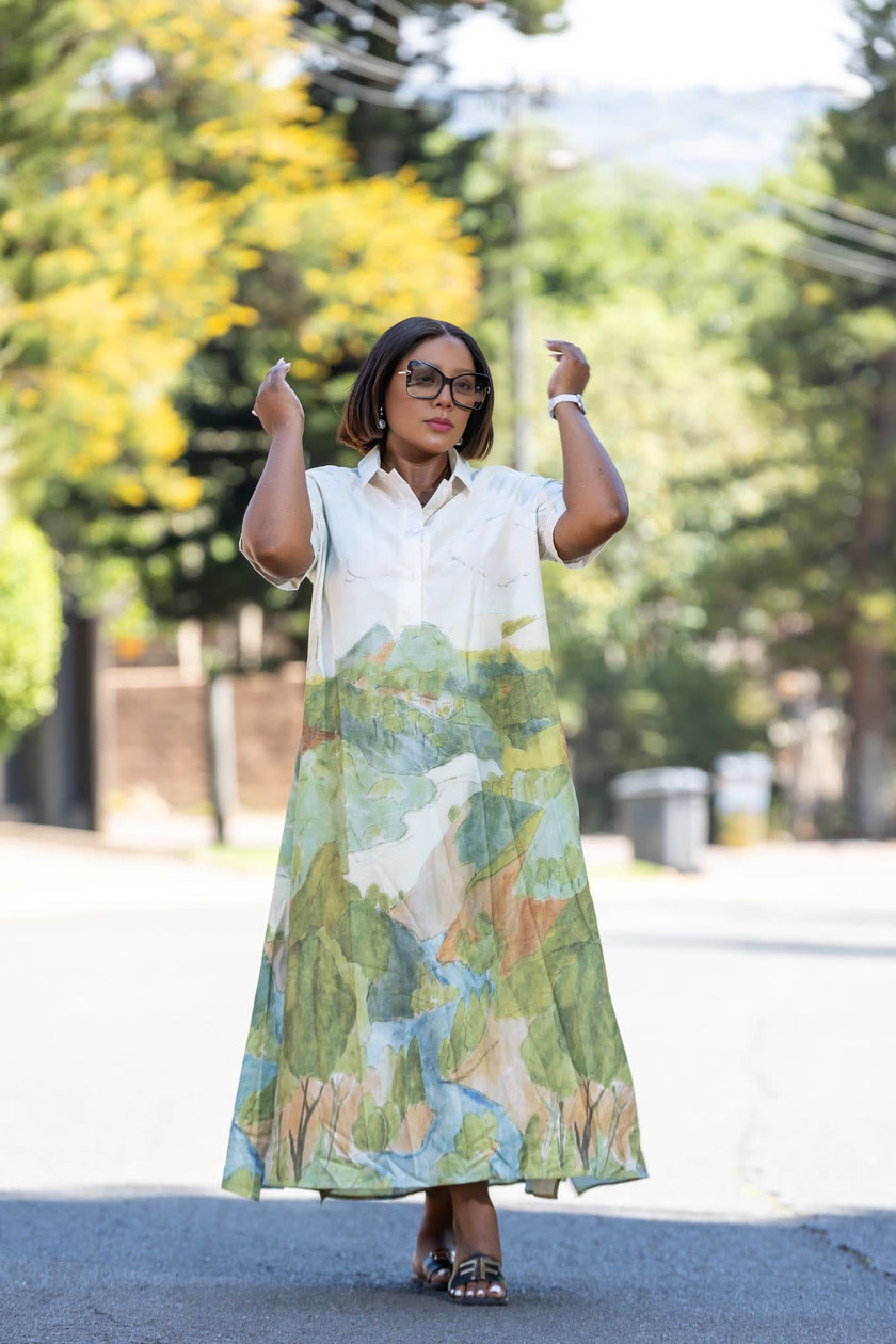 Ethnic Style Long Sleeve Dress, Abstract Natural Landscape Pattern, Loose Casual Design