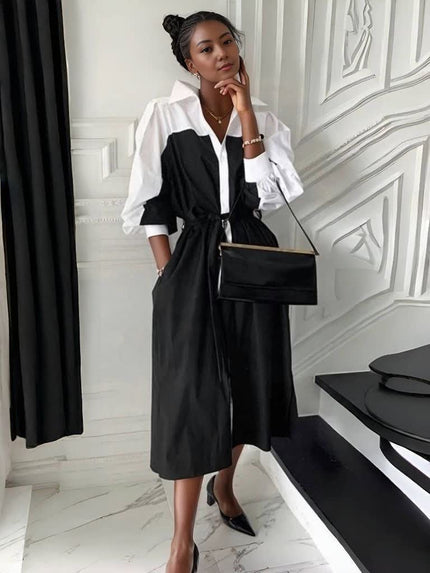 Black and white patchwork midi shirt dress with belted waist, button front sleeves