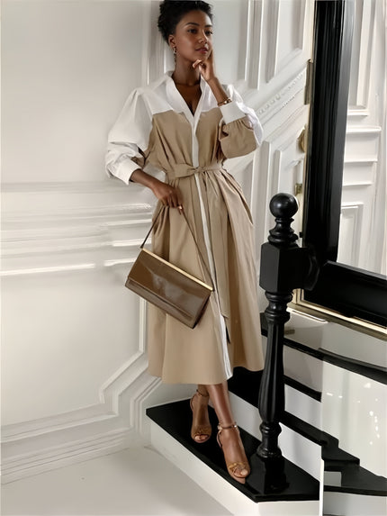 Beige and white patchwork midi shirt dress with belted waist, button-up shirt collar