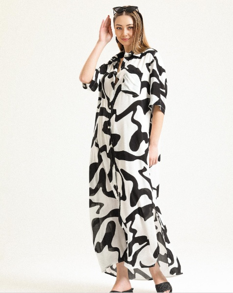 Loose Casual Style Black and White Abstract Pattern Long Shirt Dress
