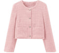 Pink short round-neck button jacket with front pockets and long sleeves