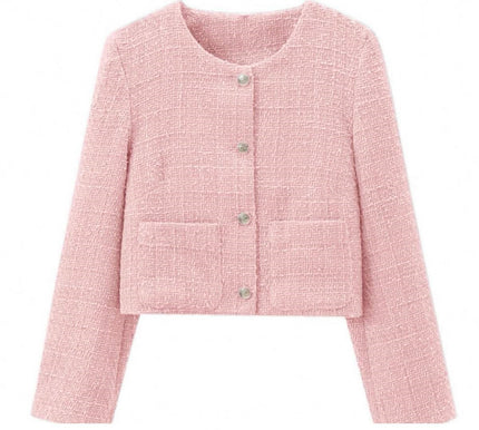 Pink short round-neck button jacket with front pockets and long sleeves