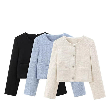 Set of short round-neck button pocket jackets: black, light blue, beige