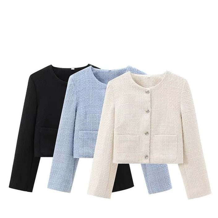 Set of short round-neck button pocket jackets: black, light blue, beige