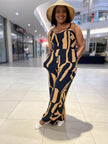 Navy & tan abstract wide-leg jumpsuit with spaghetti straps