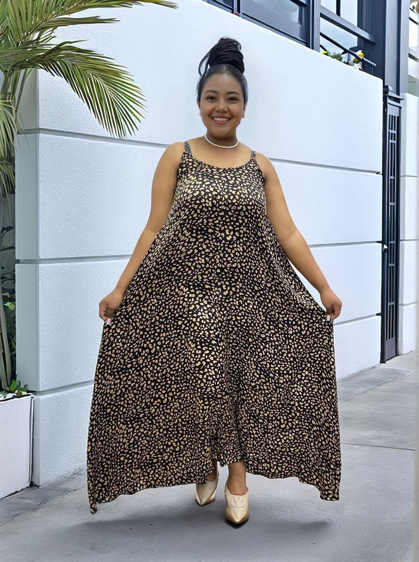 Leopard print maxi dress with adjustable hem, black with beige spots, spaghetti straps