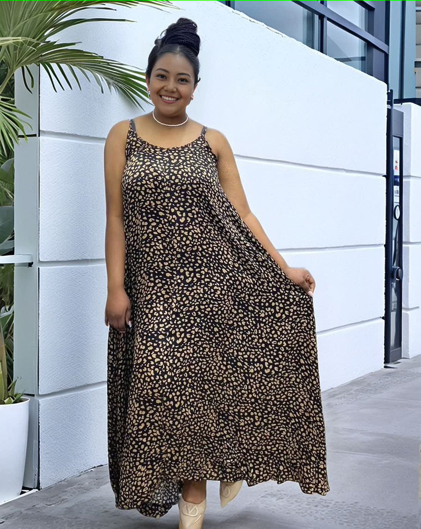 Loose Strap Dress with Leopard Print and Adjustable Drawstring Hem
