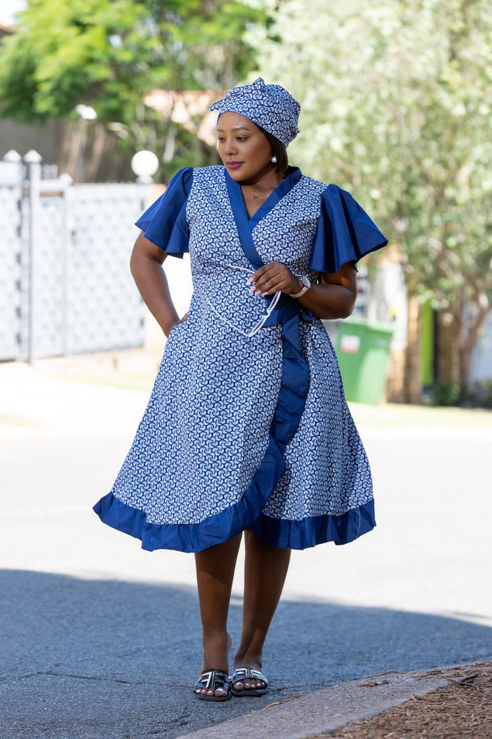 Blue wrap midi dress with ruffled sleeves, V-neck and waist tie, tiered hem