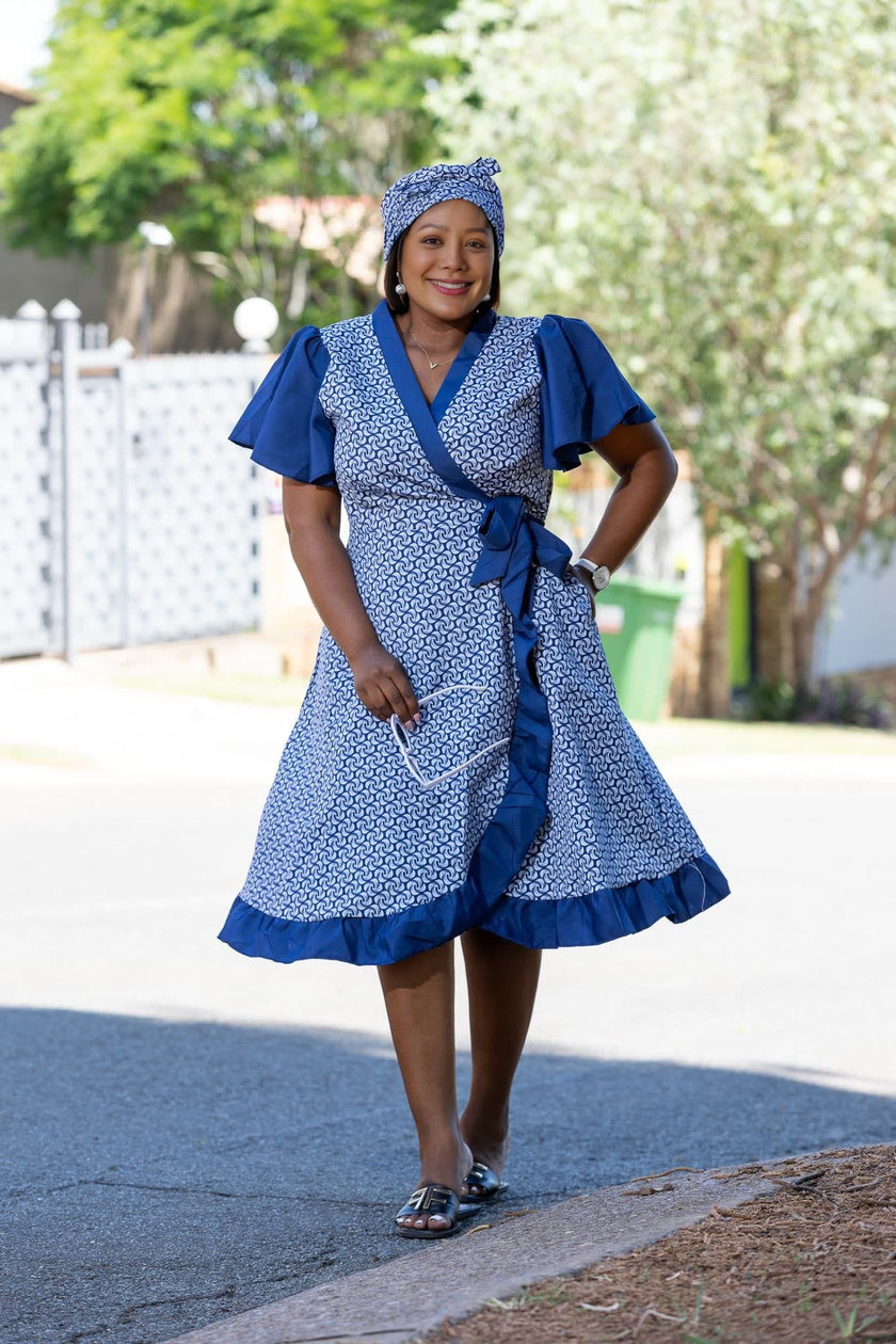 Ethnic Wrap Dress, V-Neck Short Sleeves, Geometric Pattern, Waist Tie Design, Ruffled Hem Decoration