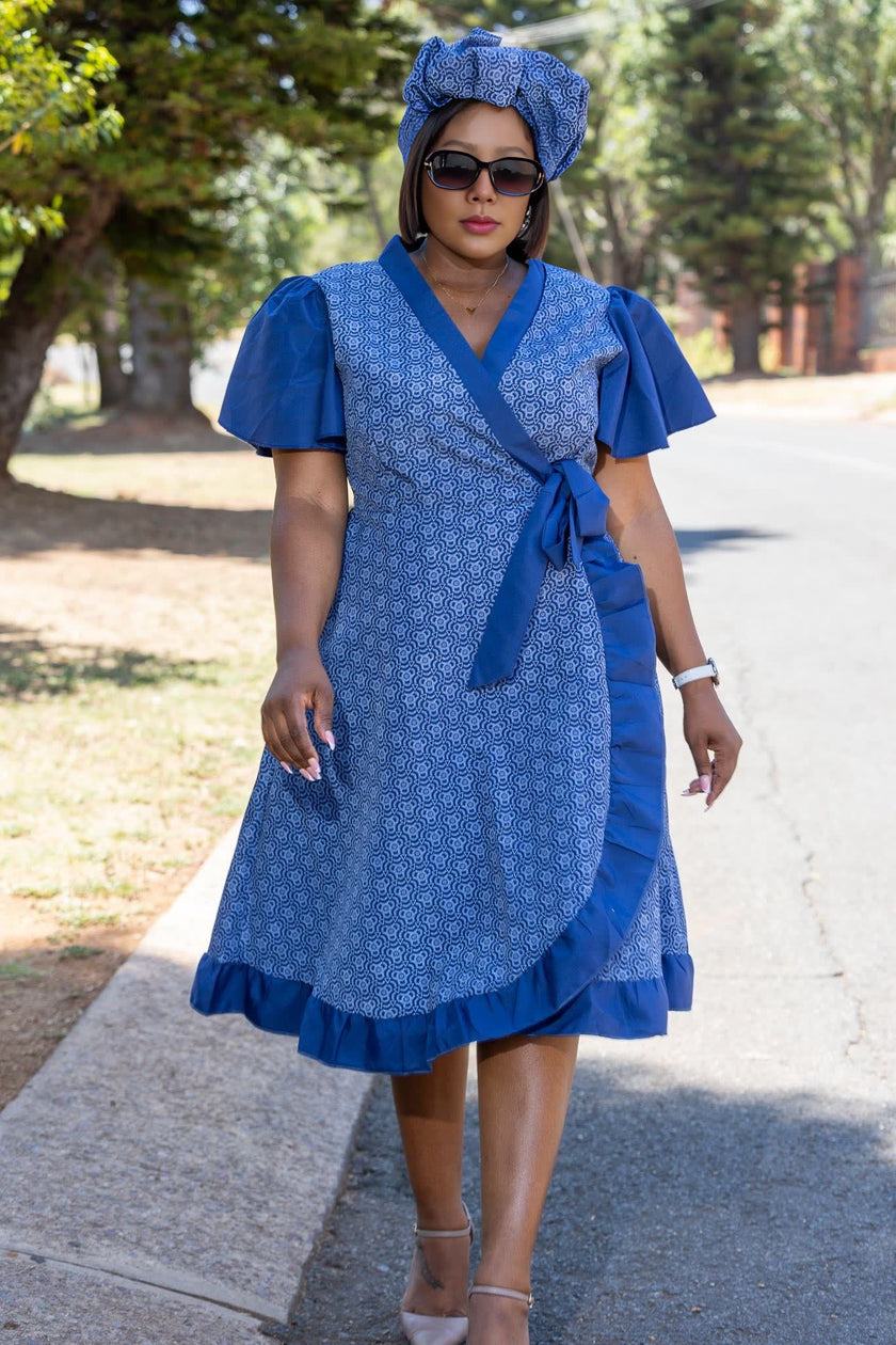 Ethnic Wrap Dress, V-Neck Short Sleeves, Geometric Pattern, Waist Tie Design, Ruffled Hem Decoration