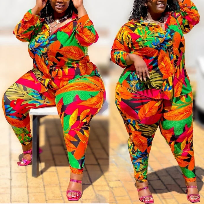 Women’s tropical print jacket and pants set, long sleeves with matching tapered pants