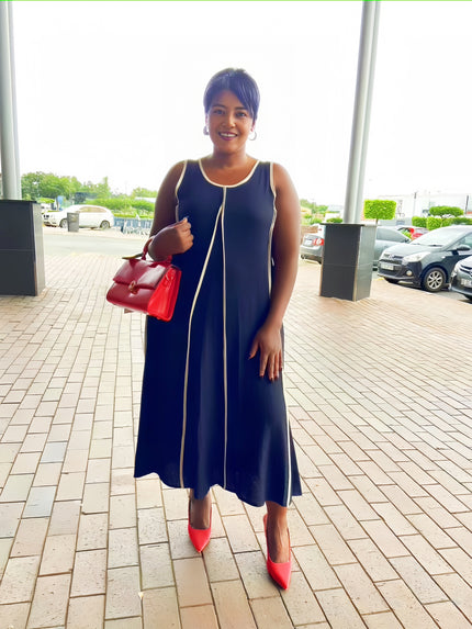 Dark sleeveless A-line maxi dress with light trim and scoop neck