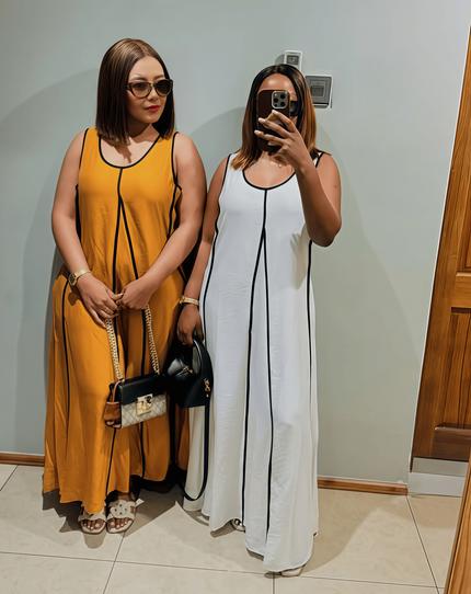 Goldenrod sleeveless A-line maxi dress with black trim and scoop neck