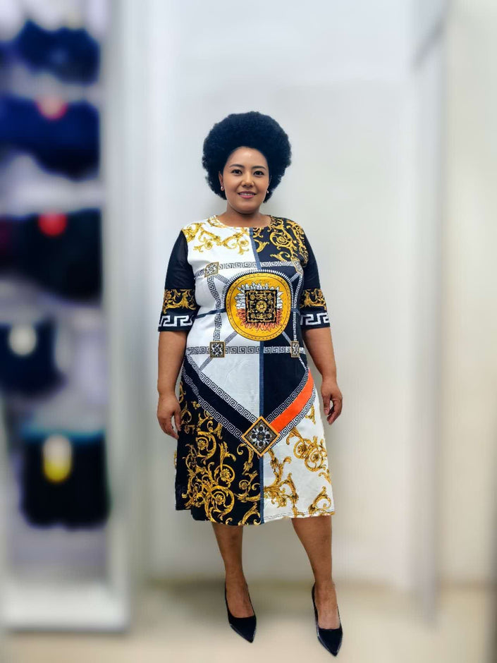 Printed midi dress with stretch waist, navy blue white and gold baroque pattern