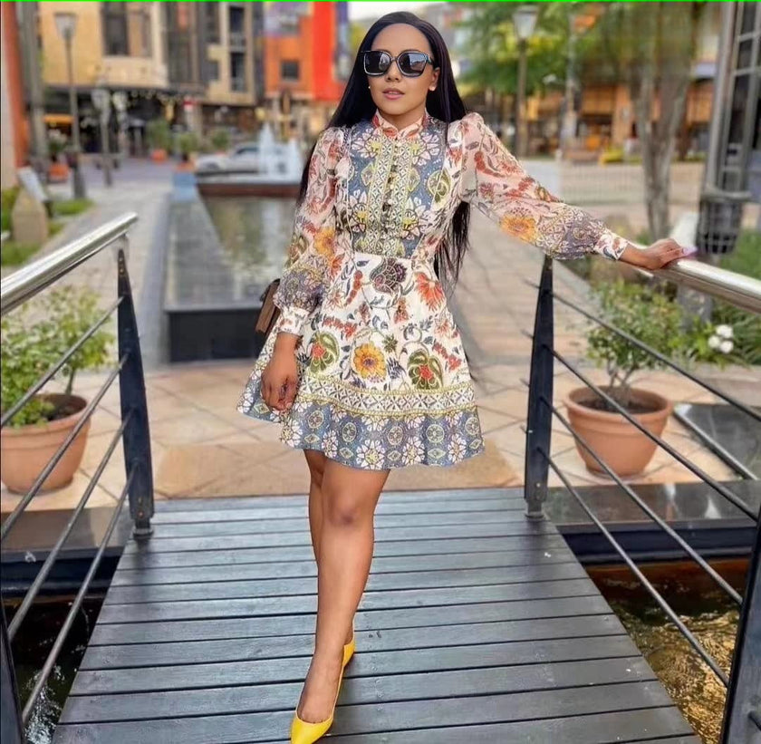 Long-Sleeve Flared Dress with Intricate Floral and Paisley Patterns