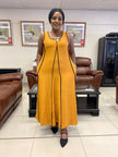 Goldenrod sleeveless A-line maxi dress with black trim and vertical front seam