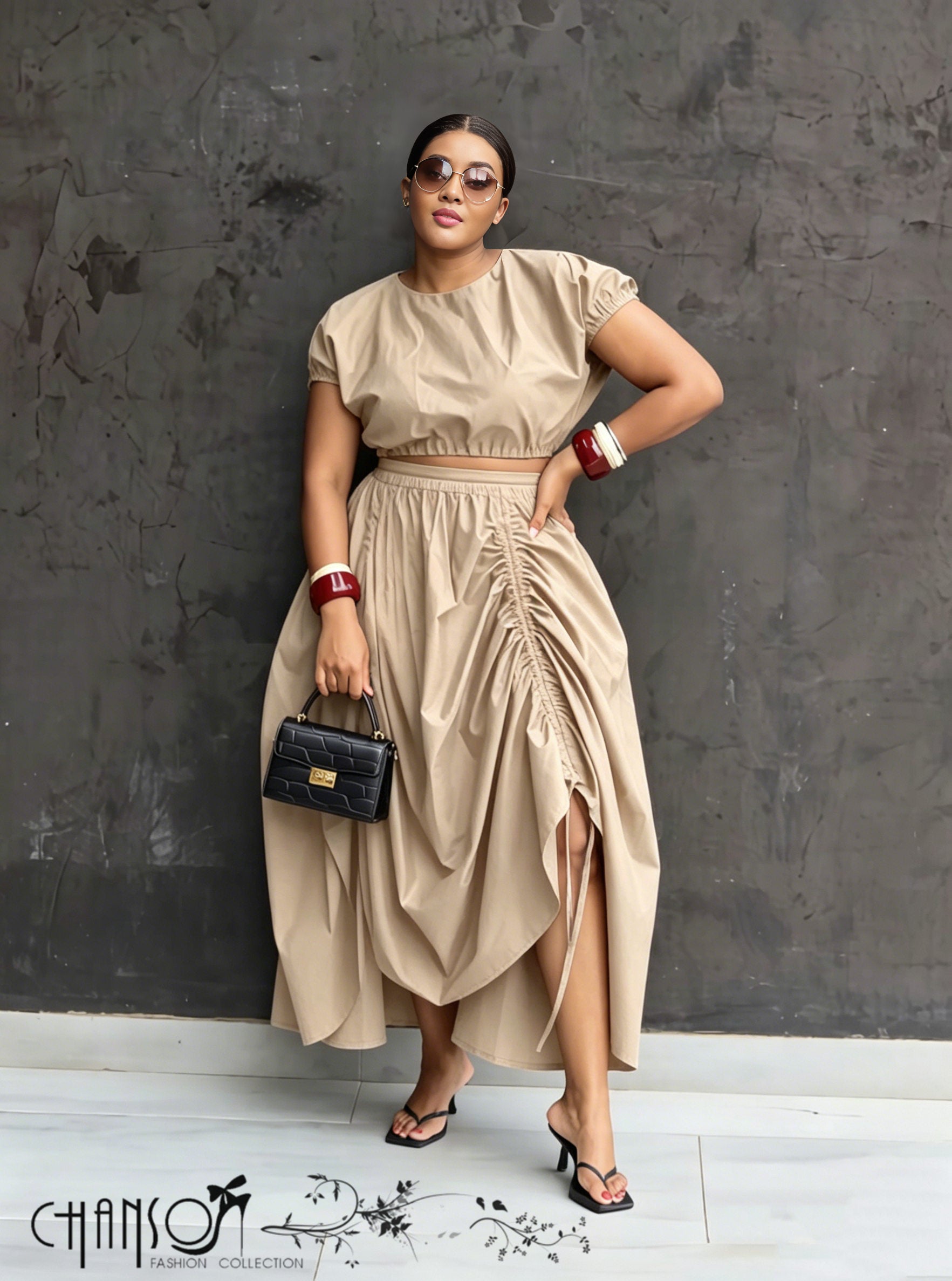 Two-Piece Set Crop Top Ruched Maxi Skirt Casual Chic