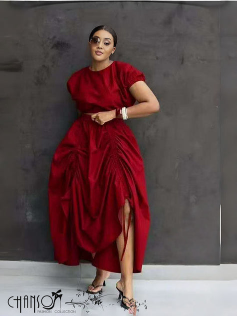 Two-Piece Set Crop Top Ruched Maxi Skirt Casual Chic
