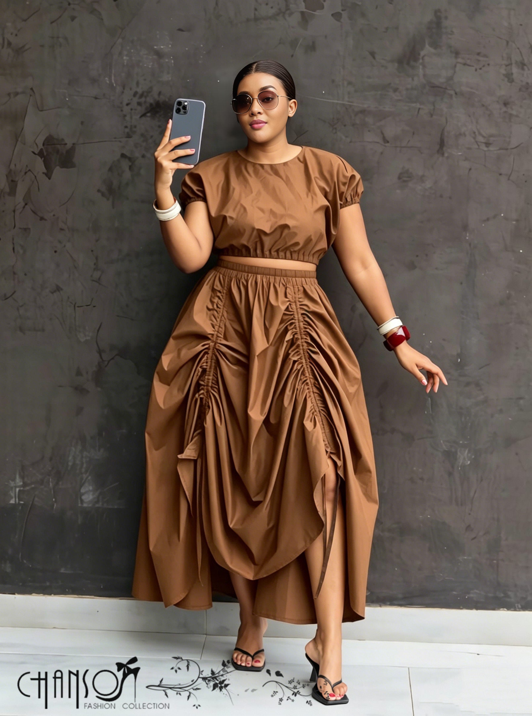 Two-Piece Set Crop Top Ruched Maxi Skirt Casual Chic