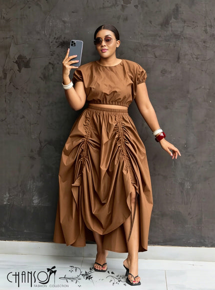 Peru brown ruched maxi skirt with adjustable waistband, layered draped ruching