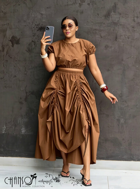 Two-Piece Set Crop Top Ruched Maxi Skirt Casual Chic