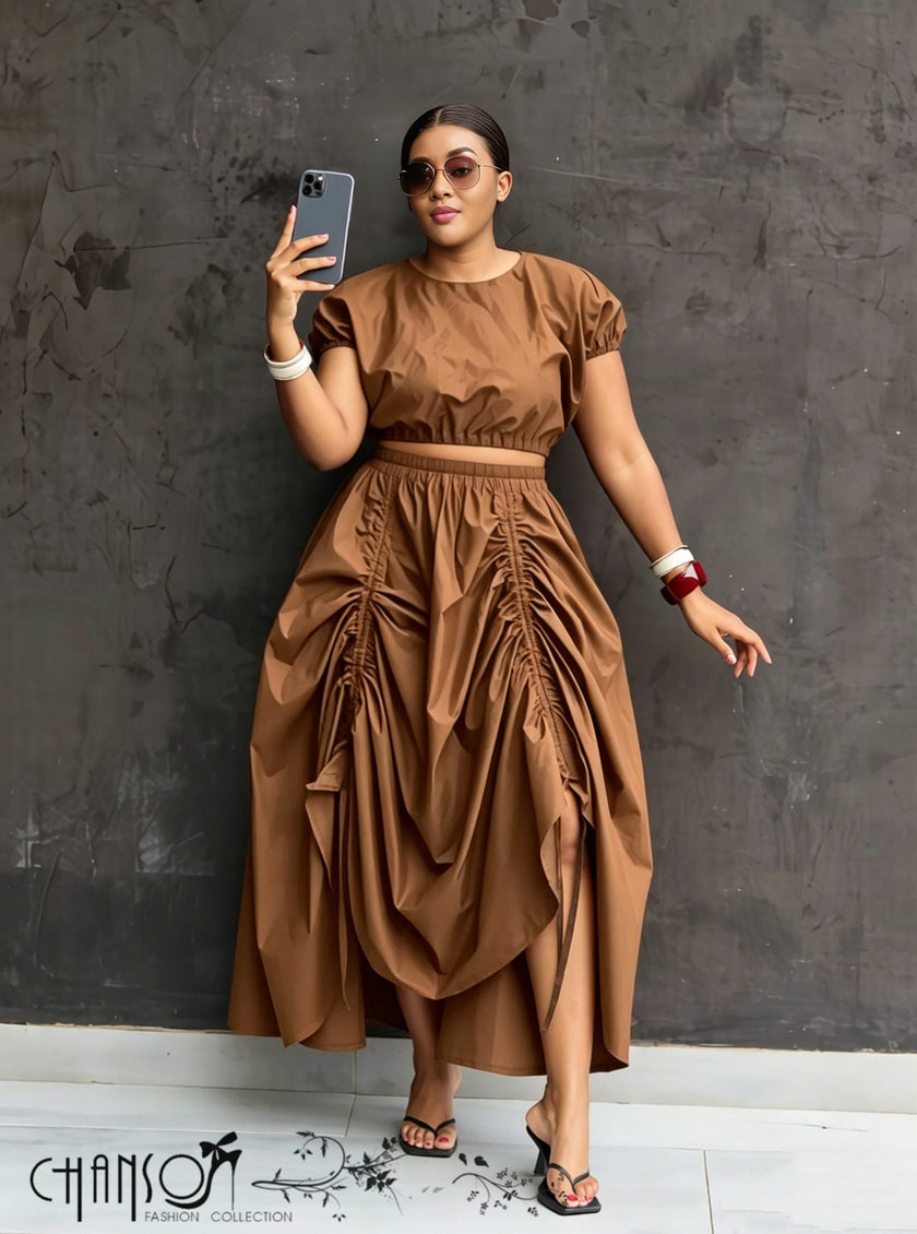 Two-Piece Set Crop Top Ruched Maxi Skirt Casual Chic