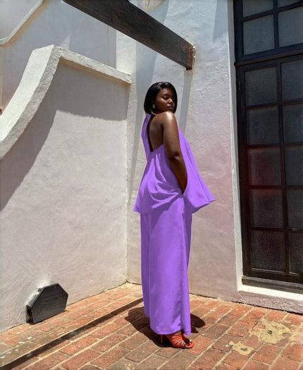 Light-purple sleeveless twin set top and wide-leg pants, open-back drape