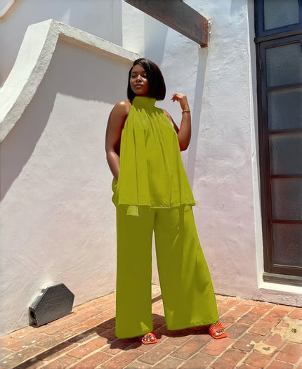Lime green sleeveless twin set top and wide-leg pants, layered ruffle hem