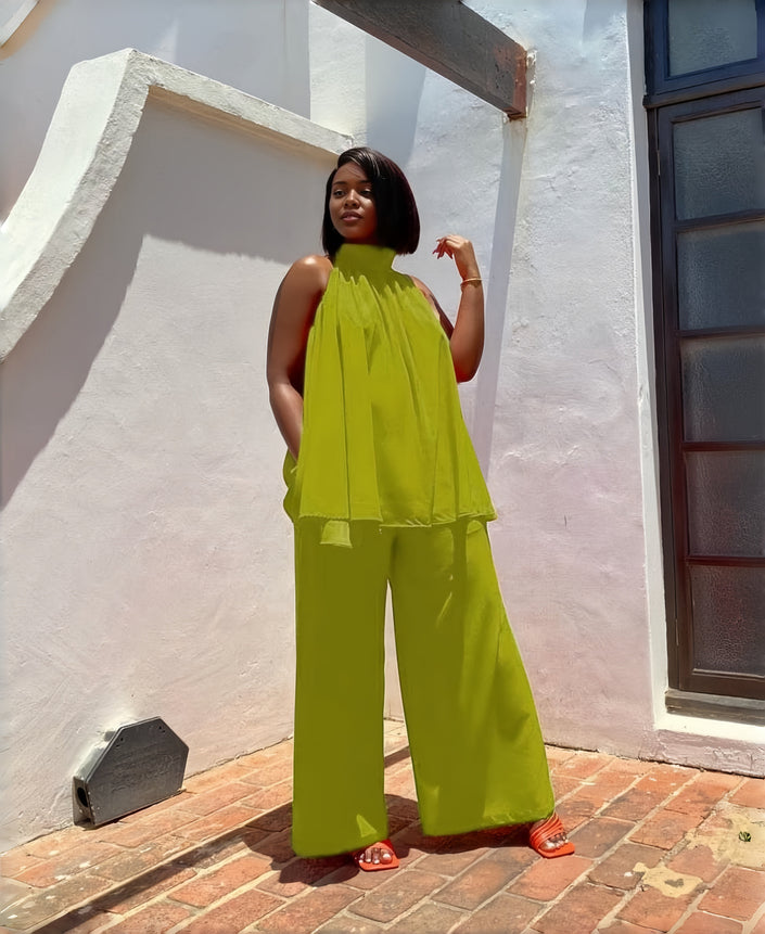 Lime green sleeveless twin set top and wide-leg pants, layered ruffle hem
