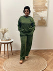 Army-green two-piece jogger set with crewneck sweatshirt and tapered jogger pants