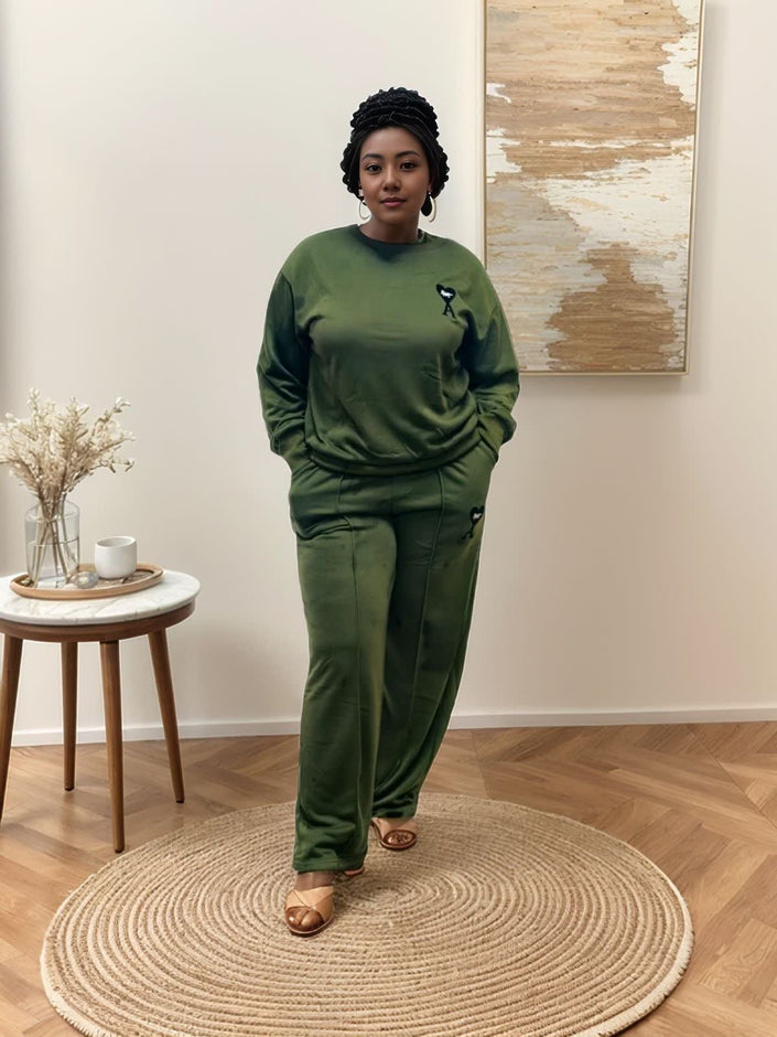 Army-green two-piece jogger set with crewneck sweatshirt and tapered jogger pants