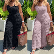 Belted textured fringe jumpsuit, sleeveless; black and light-pink front panels