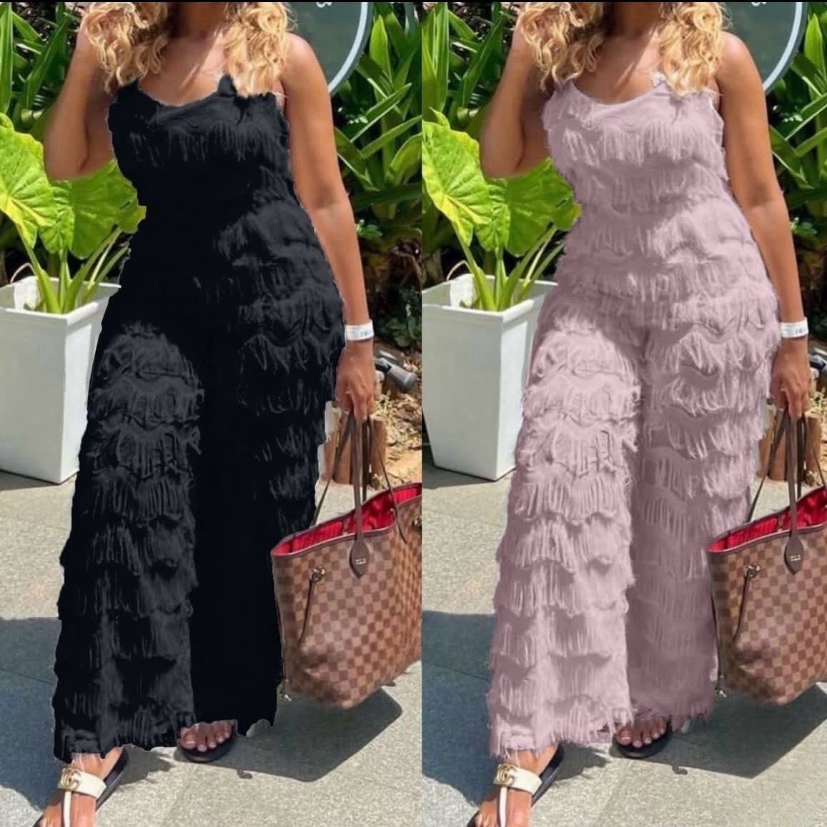 Belted textured fringe jumpsuit, sleeveless; black and light-pink front panels