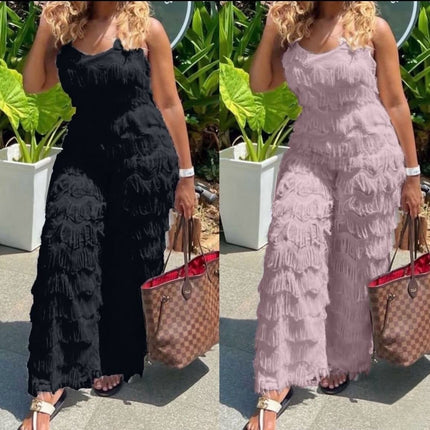 Belted textured fringe jumpsuit, sleeveless; black and light-pink front panels