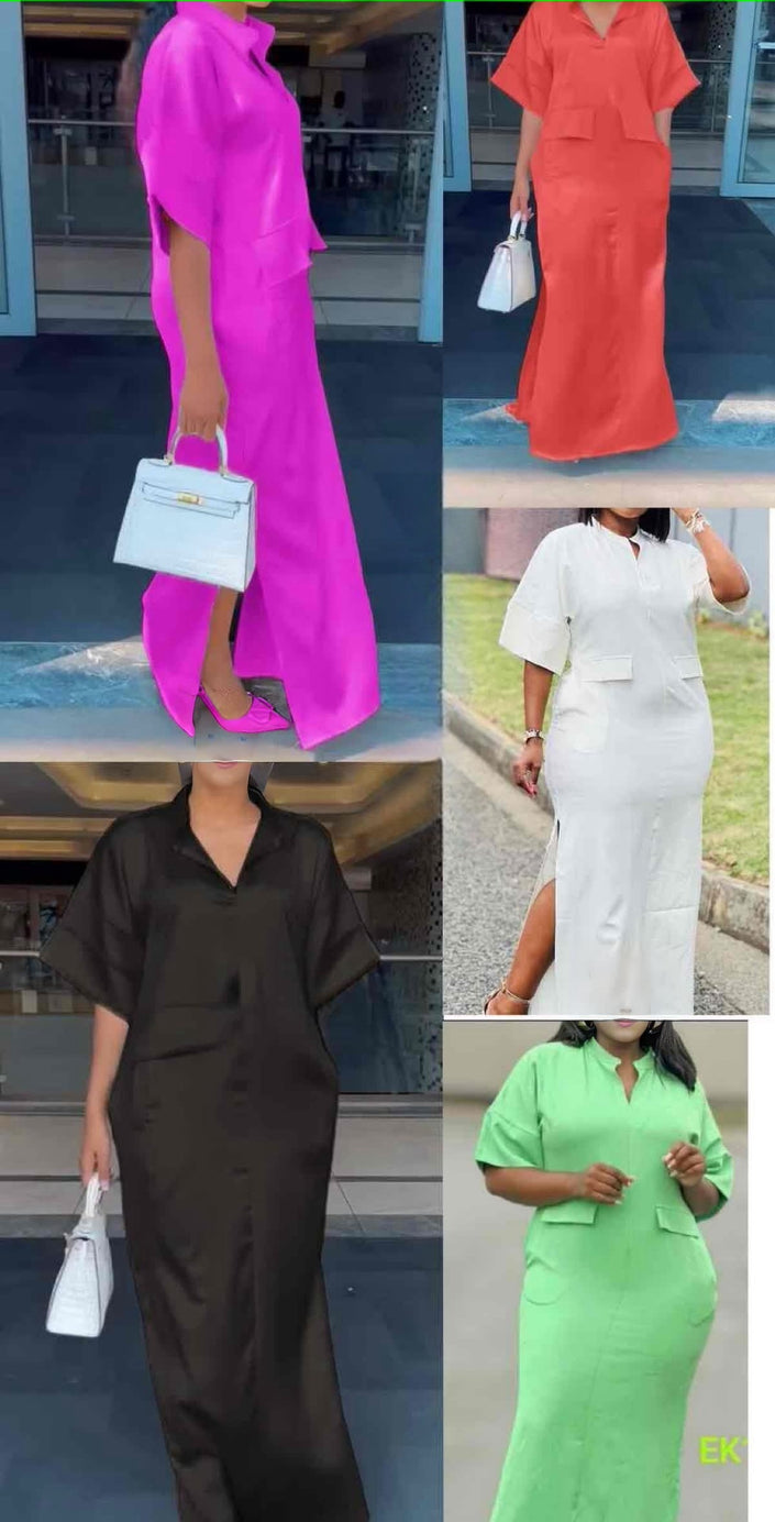 Short-sleeve midi dress with V-neck and patch pockets (purple, black, green)