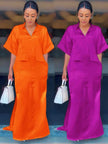 Orange and purple short-sleeve midi dresses with V-neck and patch pockets