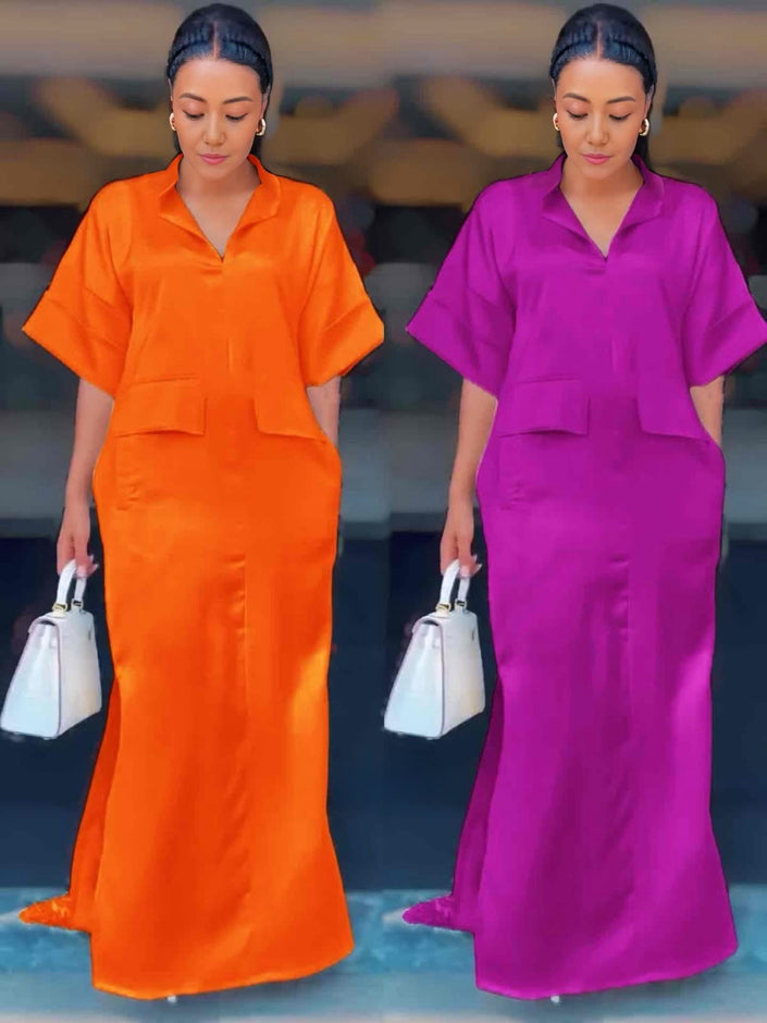 Orange and purple short-sleeve midi dresses with V-neck and patch pockets