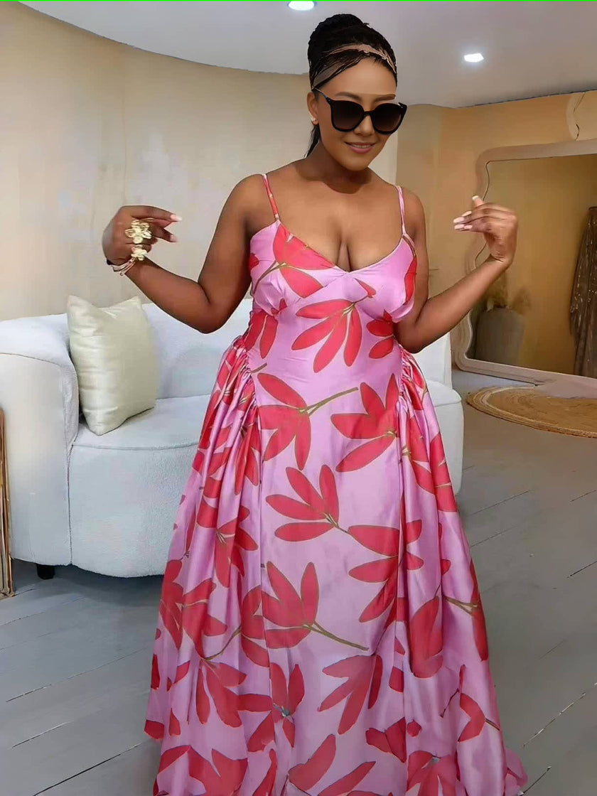 Women's Sleeveless Spaghetti Strap Maxi Dress with Red Leaf Pattern, Loose Fit and Flared Design